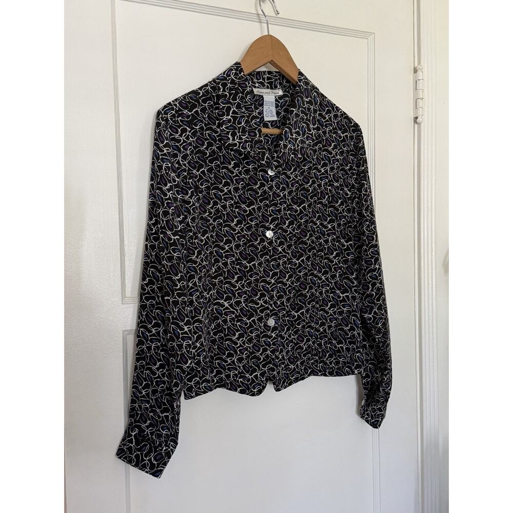 Anna & Frank Vintage 90s Silk Blouse Size M Button Up Classic Black Purple
